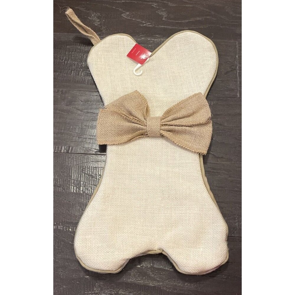 Christmas Stocking Brown Dog‎ Bone Shape Burlap NEW 18 Inch Rustic Cabin